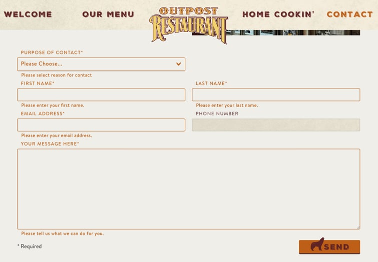Form field text on Outpost Restaurant guide the user.